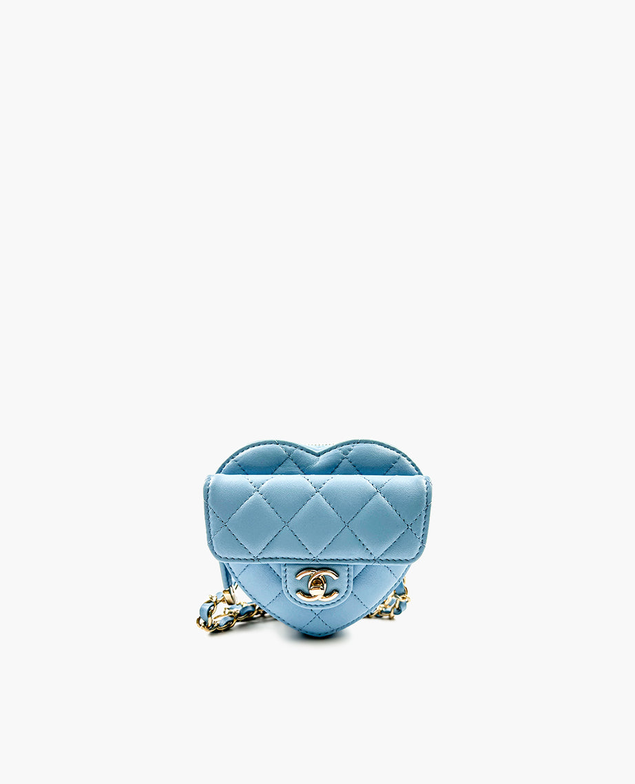 Chanel 22S Heart Mini Belt Bag in Light Blue Lambskin LGHW