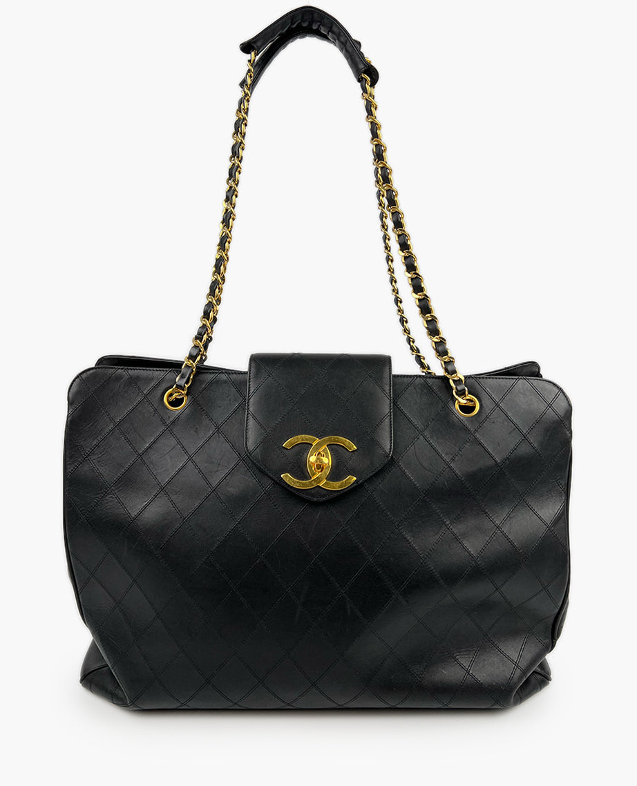 Chanel Rare Giant XL Supermodel Vintage Tote Black Calfskin 24K