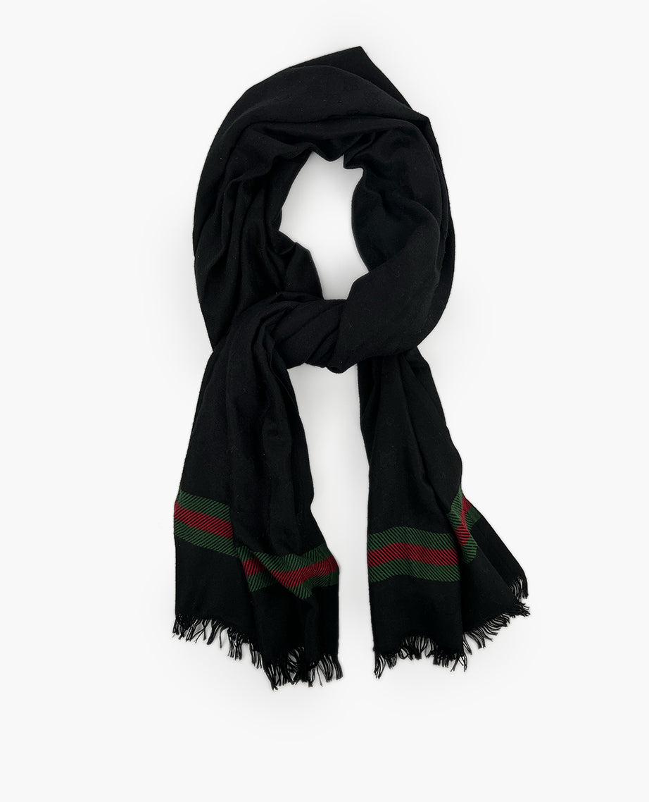 Gucci Logo Print Black Shawl with Green and Red Stripes – Luxury