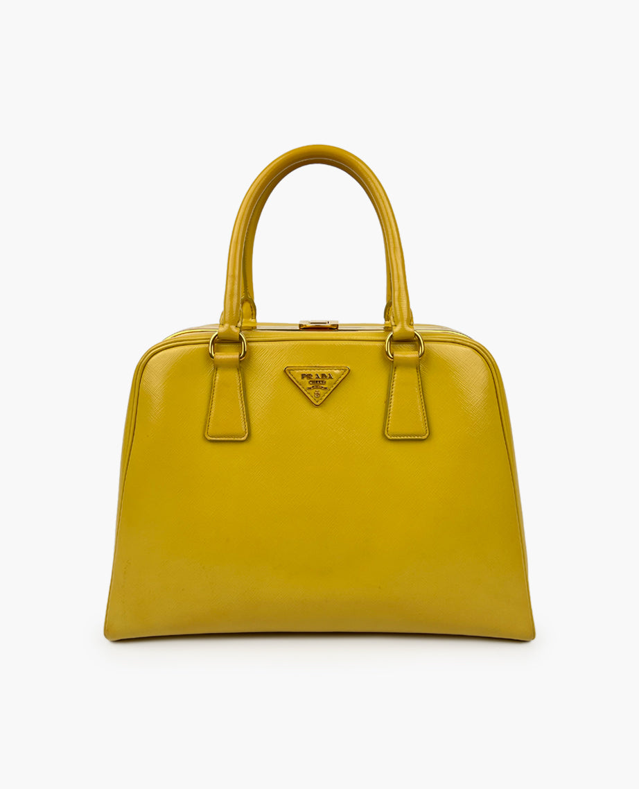 Prada Saffiano Leather Pyramid Frame Satchel Wallet Yellow