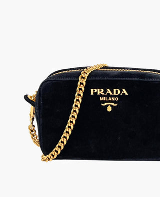 Prada Velluto Zip Top Chain Shoulder Bag Black