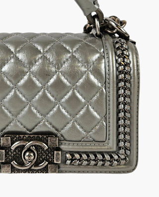 Chanel Boy Small Aged Calfskin Metallic Grey Top Handle RHW