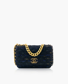 Chanel Tweed Quilted 19 WOC Black Navy Gold