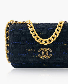 Chanel Tweed Quilted 19 WOC Black Navy Gold