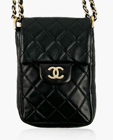 Chanel CC läppäpuhelinteline Crossbody Laukku Musta tikattu lampaannahka GHW