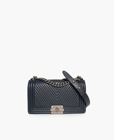 Chanel Boy Old Medium Herringbone Chevron Black Lambskin