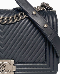 Chanel Boy Old Medium Herringbone Chevron Black Lambskin