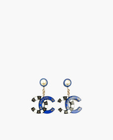 Chanel Black Blue Gold CC Pearl Charm -korvakorut