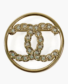 CHANEL CRYSTAL CC ROUND PENDANT BROOCH CHAMPAGNE