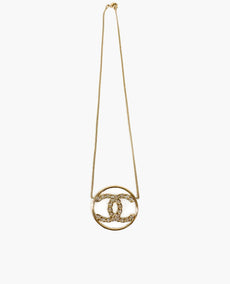 Chanel Square Crystal CC Round Pendant Necklace Champagne