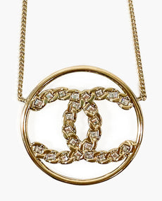 Chanel Square Crystal CC Round Pendant Necklace Champagne