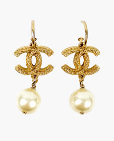 Chanel Gold CC Pearl Drop Earrings