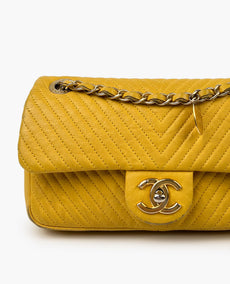 Chanel Yellow CC Medallion Charm Chevron Flap Bag