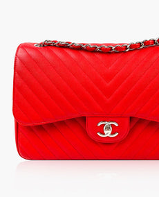 Chanel Chevron Jumbo Double Flap Bag Red Caviar SHW