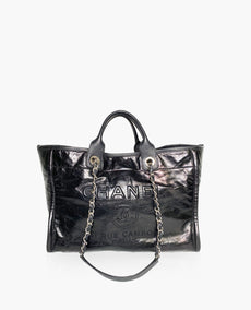 Chanel Glazed Calfskin Deauville Medium Tote Black