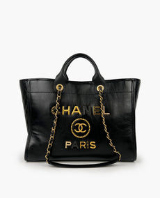 Chanel Aged Calfskin Leather Medium Charms Deauville Tote Black