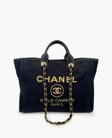 Chanel Deauville Tummansininen Kultakangas Medium Tote