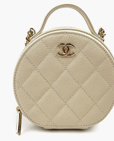 Chanel Mini Pyöreä meikkikassi kahvalla Ivory Caviar 22C