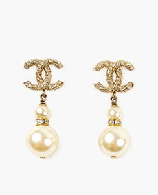 Chanel Gold CC Pearl Drop Earrings