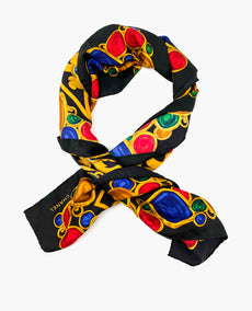 Chanel Silk Black Scarf with Multicolored Motif