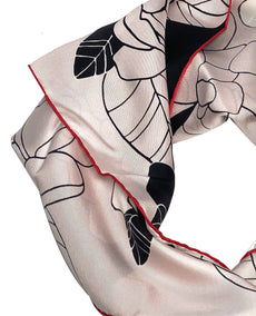 Chanel Silk Black, Pale Pink and Red Square Scarf with White Chanel Camellia Flowers