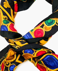 Chanel Silk Black Scarf with Multicolored Motif