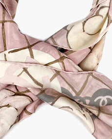 Chanel Silk Pale Pink White Gray Scarf with Camelia Flowers