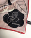 Chanel Silk Black, Pale Pink and Red Square Scarf with White Chanel Camellia Flowers