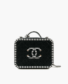 Chanel Caviar tikattu raidallinen Medium CC Filigraani Vanity Case Musta Valkoinen