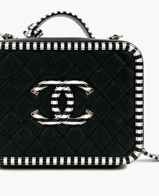 Chanel Caviar tikattu raidallinen Medium CC Filigraani Vanity Case Musta Valkoinen