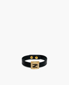 Fendi FF Logo Swarovski Crystal and Black Leather Bracelet