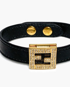 Fendi FF Logo Swarovski Crystal and Black Leather Bracelet