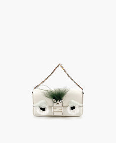 Fendi Valkoinen Nappanahka ja Fox Fur Micro Buggie Baguette Bag