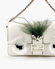 Fendi Valkoinen Nappanahka ja Fox Fur Micro Buggie Baguette Bag