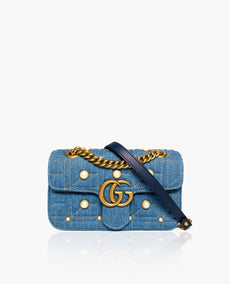 Gucci Blue Matelasse Denim Pearl koristeltu GG Marmont olkalaukku