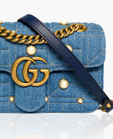 Gucci Blue Matelasse Denim Pearl koristeltu GG Marmont olkalaukku