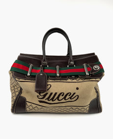 Gucci Logo beige kangas ja ruskea nahkalaukku