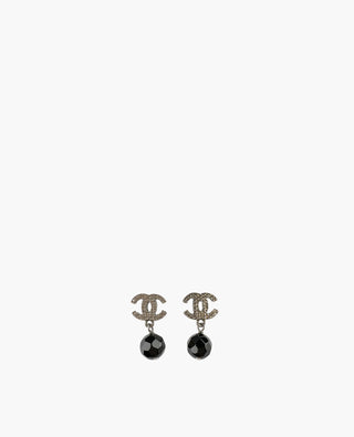 Chanel CC Metal Black Bead Drop Earrings