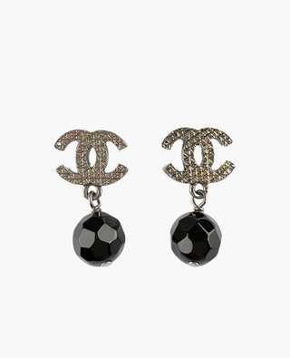 Chanel CC Metal Black Bead Drop Earrings