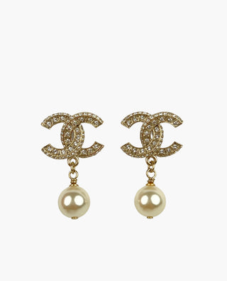 Chanel Pearl Drop Earrings With CC Strass