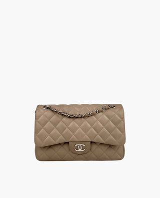 Chanel Timeless Jumbo Double Flap Taupe Suede Caviar SHW