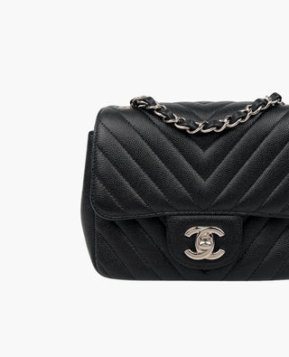 Chanel Mini Square Black Chevron Caviar SHW