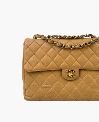 Chanel Vintage Beige Caviar Jumbo Single Flap Bag GHW