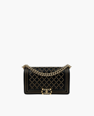 Chanel Boy Old Medium Black Quilted Leather Chain Detail Flap Bag