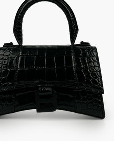 Balenciaga Hourglass XS Handbag All Black Shiny Crocodile Embossed Calfskin