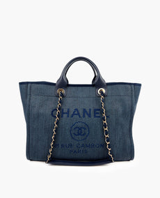 Chanel Deauville Medium Navy Blue Tote Black CHW