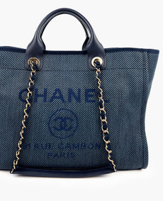 Chanel Deauville Medium Navy Blue Tote Black CHW