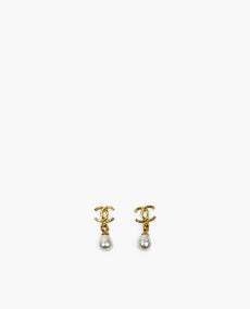 Chanel Gold Finish CC Teardrop Pearl Stud Earrings