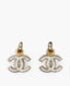 Chanel 23 A Gold Pearl White Interlocking CC Logo Drop Earrings