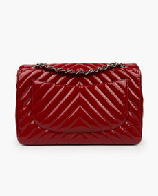 Chanel Timeless Jumbo Single Flap -laukku, punainen kiiltonahka Chevron SHW